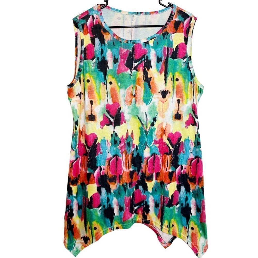 Asymmetrical Floral Tropical Tie Dye Tank Top Pink and Blue Size XL